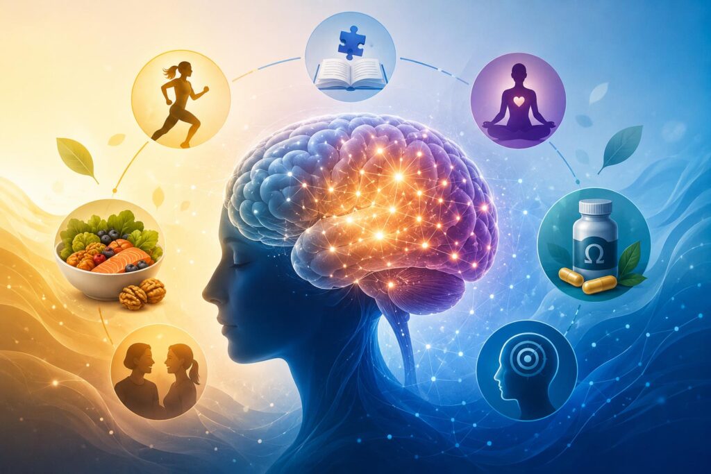 Ilustración abstracta sobre estimulación cognitiva, neuroplasticidad y alto rendimiento cerebral.