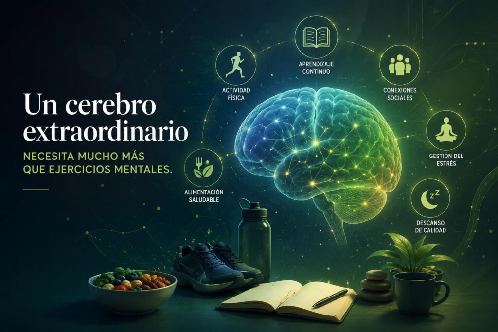 Ilustración abstracta sobre estimulación cognitiva y salud cerebral con un cerebro conectado a hábitos saludables como ejercicio físico, alimentación, descanso, aprendizaje y gestión del estrés.