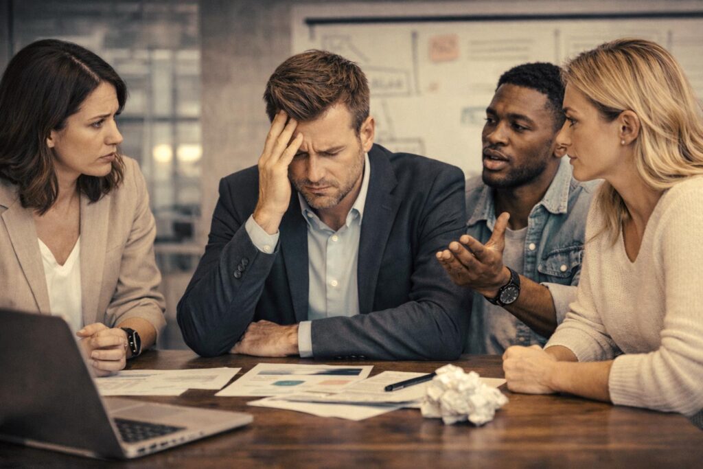 Equipo de trabajo en oficina mostrando errores que un buen líder debe evitar.