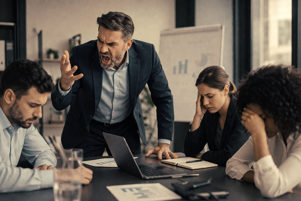 Líder con su equipo mostrando falta de control emocional y cometiendo errores que un buen líder debe evitar.