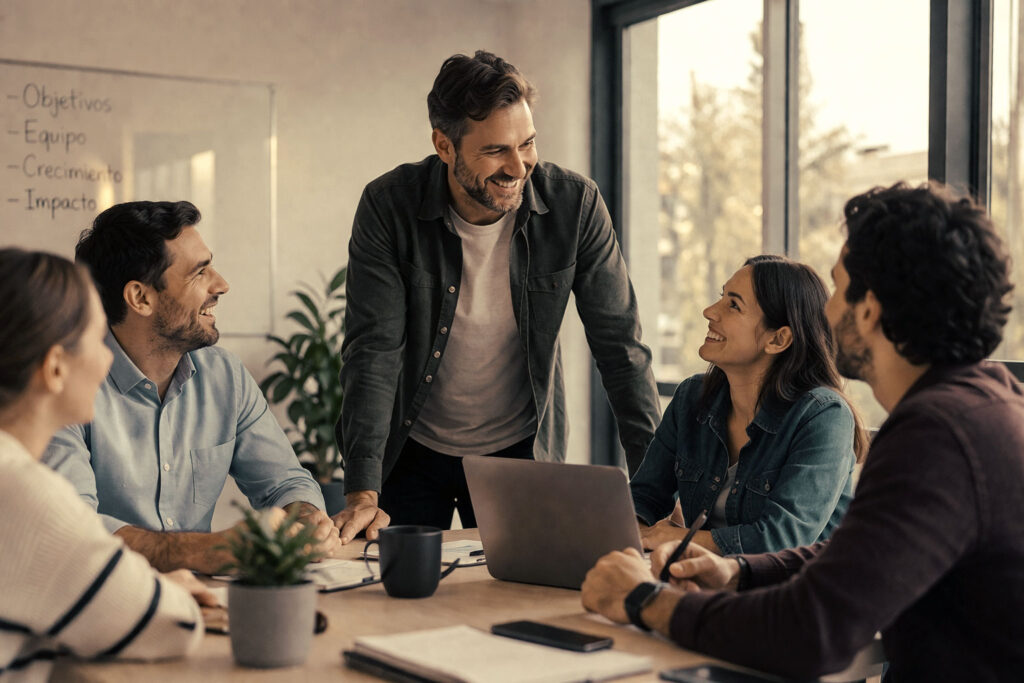 Líder mostrando inteligencia emocional y confianza con su equipo evitando cometer errores que un buen líder debe evitar.