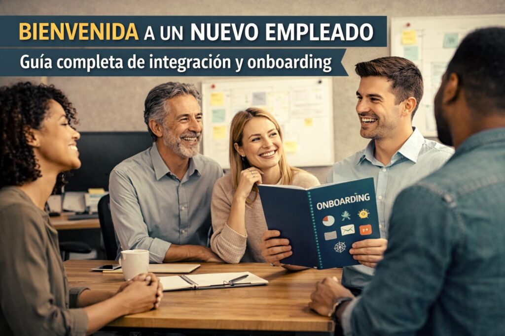 Equipo dando la bienvenida a un nuevo empleado. El nuevo empleado muestra el manual de onboarding de la empresa.