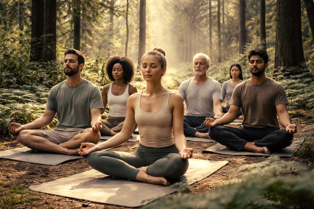Grupo de personas practicando técnicas de mindfulness para reducir el estrés en un bosque.