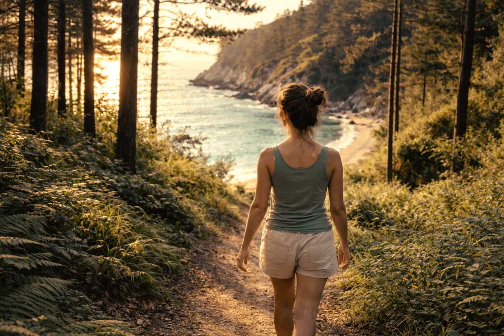 Persona caminando por sendero de bosque y llegando a una playa, practicando mindfulness para reducir el estrés.