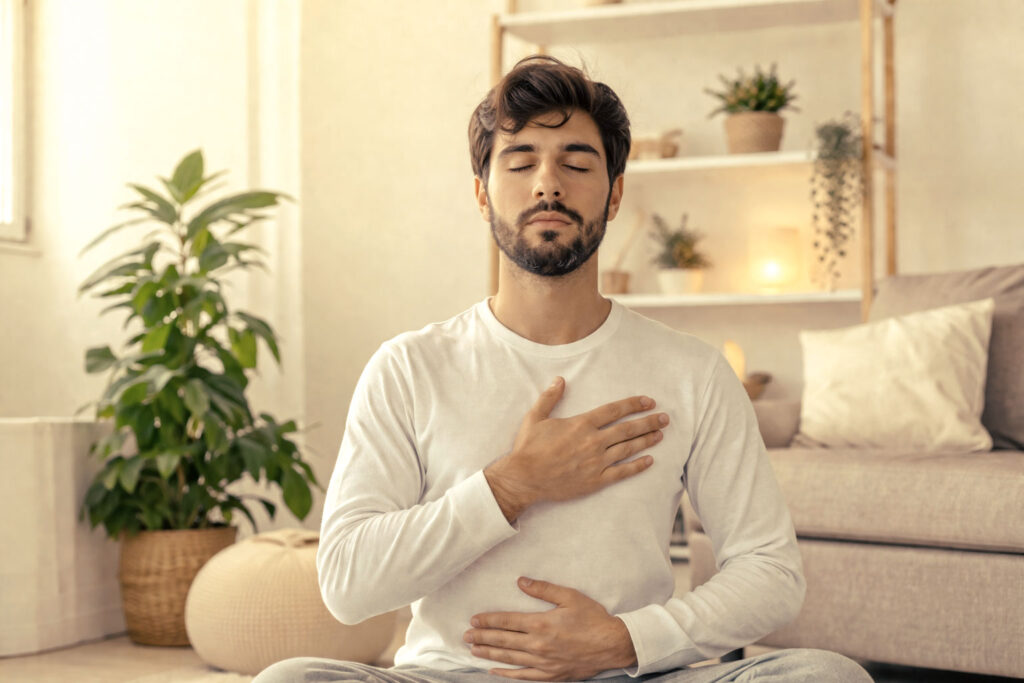 Persona practicando mindfulness para reducir el estrés en casa.