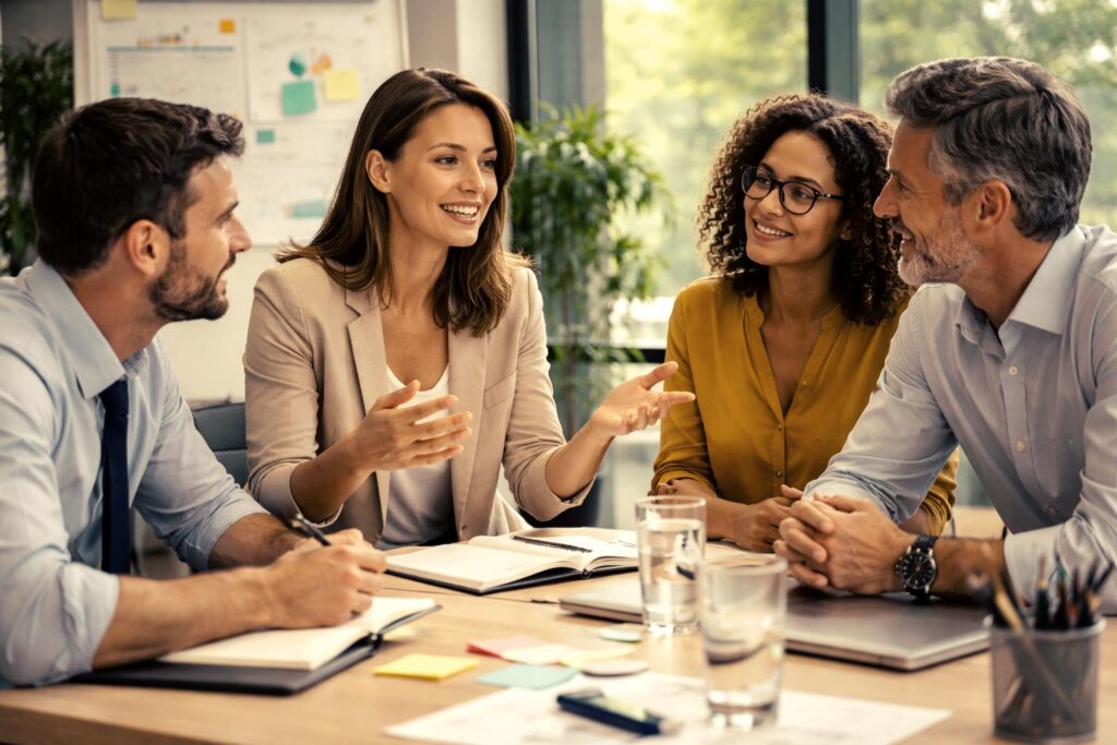 Equipo de personas en empresa exhibiendo comunicación asertiva.