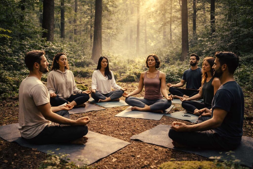 Grupo de personas en un bosque practicando la meditación o mindfulness para la gestión de estrés y para convertirse en un equipo de alto rendimiento.