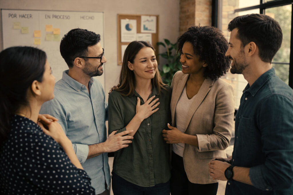 Grupo de personas de empresa mostrando comunicación emocional con sus compañeros.