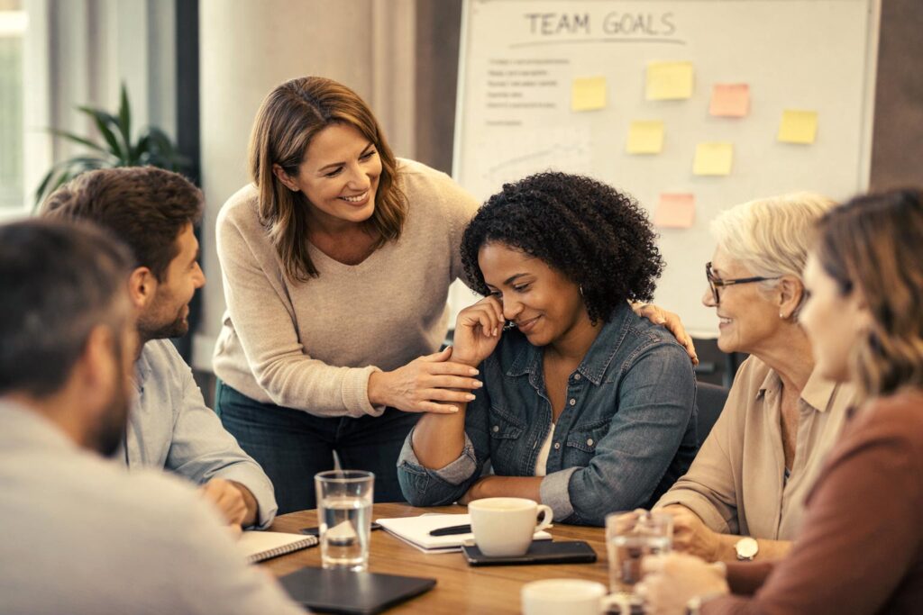 Equipo de personas junto a su líder mostrando liderazgo afiliativo