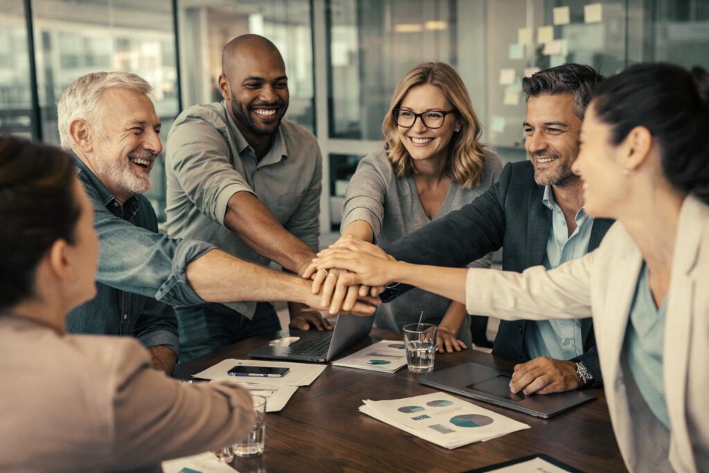 Equipo de trabajo en empresa mostrando resiliencia ante la adversidad. Su líder resiliente la contagia.