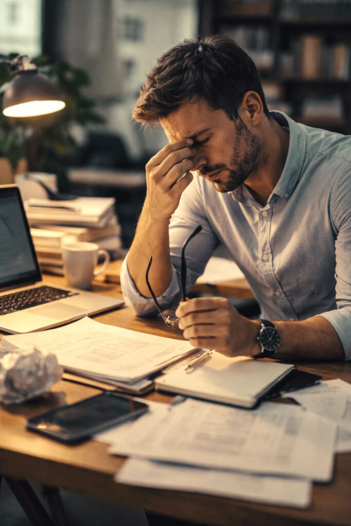Persona de empresa trabajando que manifiesta estrés y cansancio psíquico