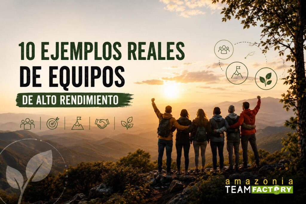 Ilustración de equipos de alto rendimiento en la naturaleza que representa la colaboración, el liderazgo, la confianza y el trabajo en equipo para alcanzar objetivos comunes.