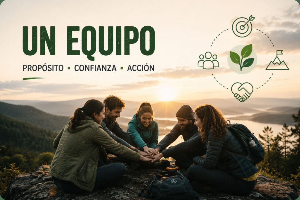Equipos de alto rendimiento colaborando en un entorno natural para representar liderazgo, confianza, comunicación y propósito compartido.
