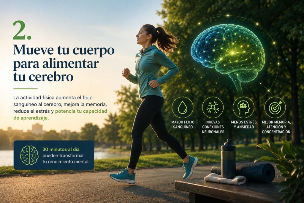 Ilustración sobre estimulación cognitiva donde el ejercicio físico favorece la neuroplasticidad, mejora el rendimiento mental y fortalece las conexiones neuronales.