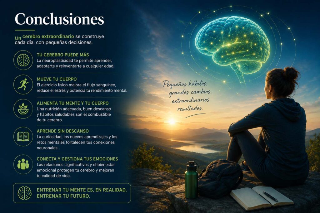 Ilustración sobre estimulación cognitiva y alto rendimiento que representa cómo los hábitos saludables fortalecen el cerebro, favorecen la neuroplasticidad y mejoran el rendimiento mental.