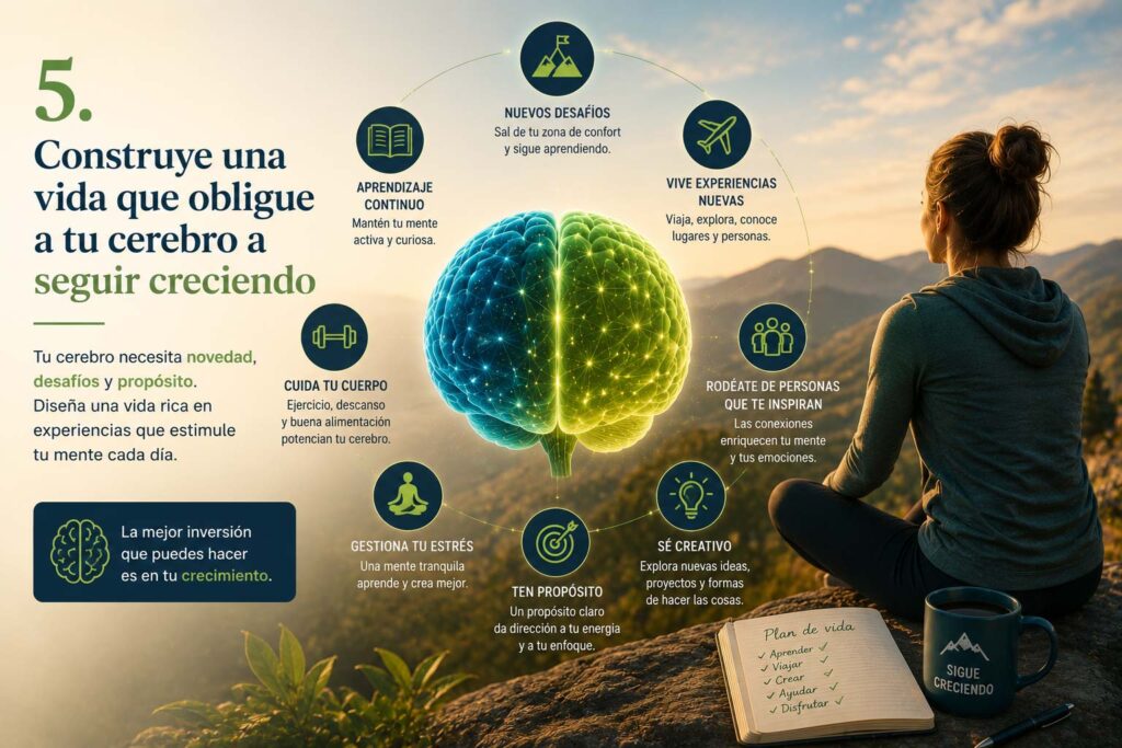 Ilustración sobre estimulación cognitiva y neuroplasticidad que muestra cómo el aprendizaje, los nuevos retos, las relaciones sociales y el propósito fortalecen el cerebro y favorecen el alto rendimiento.