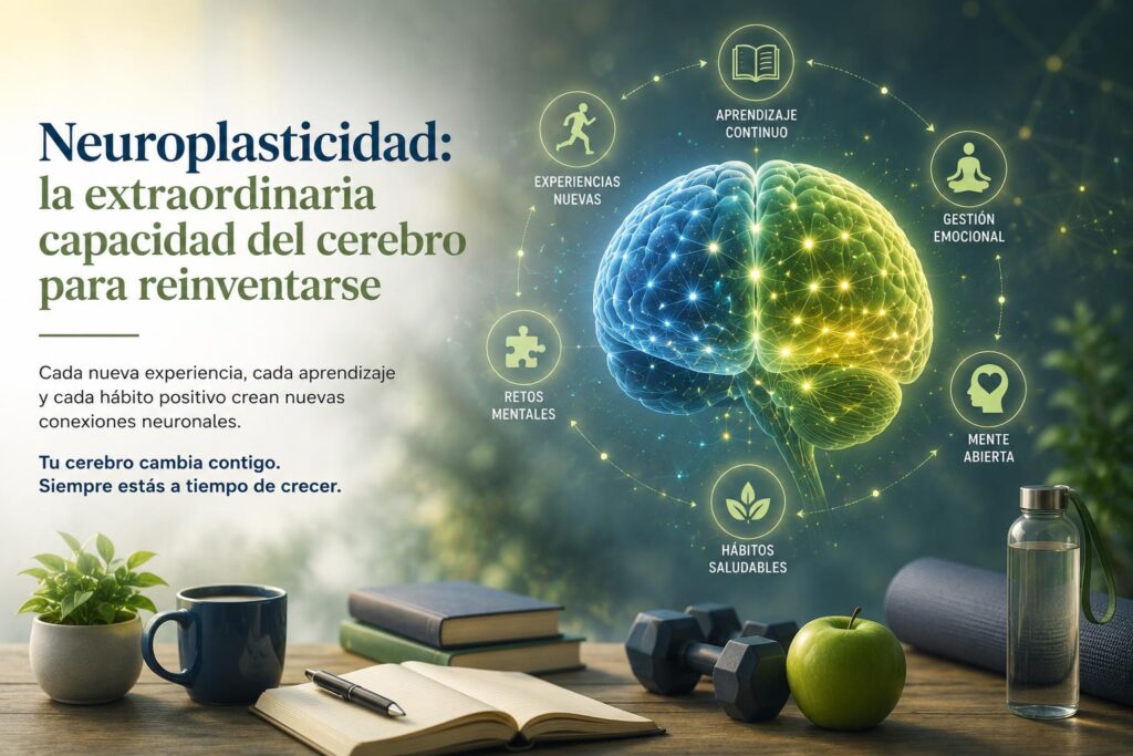 Ilustración de neuroplasticidad, estimulación cognitiva y alto rendimiento que representa un cerebro fortaleciendo sus conexiones neuronales a través del aprendizaje y los hábitos saludables.