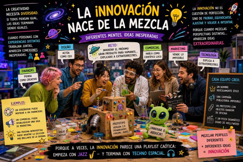 Collage que representa la innovación naciendo de la mezcla de perfiles para desarrollar la creatividad en la empresa.