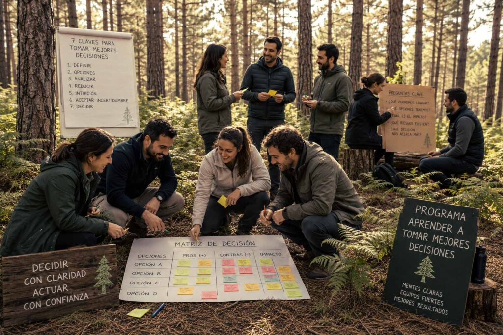 Equipo de personas realizando dinámica de Team Building en Amazonia Team Factory sobre cómo tomar mejores decisiones.