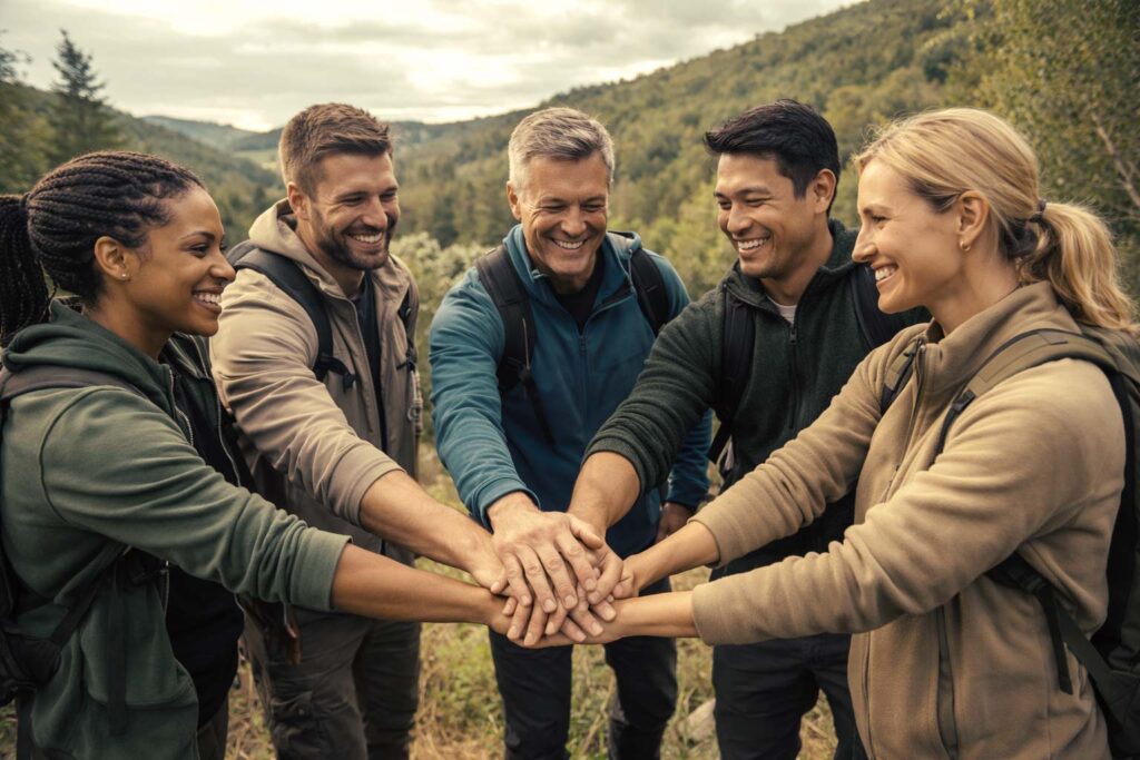 Equipo de personas en programa de team building al aire libre sobre las estrategias de inteligencia emocional basadas en la confianza de sus miembros.
