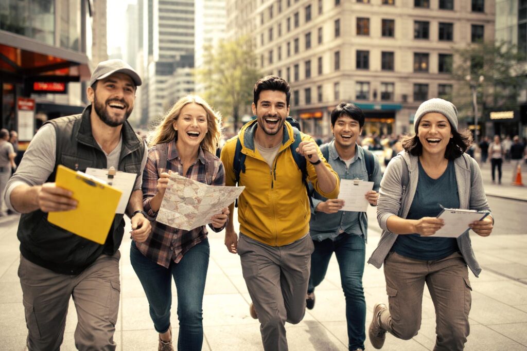 Grupo de personas realizando actividades de Team Building por la ciudad.