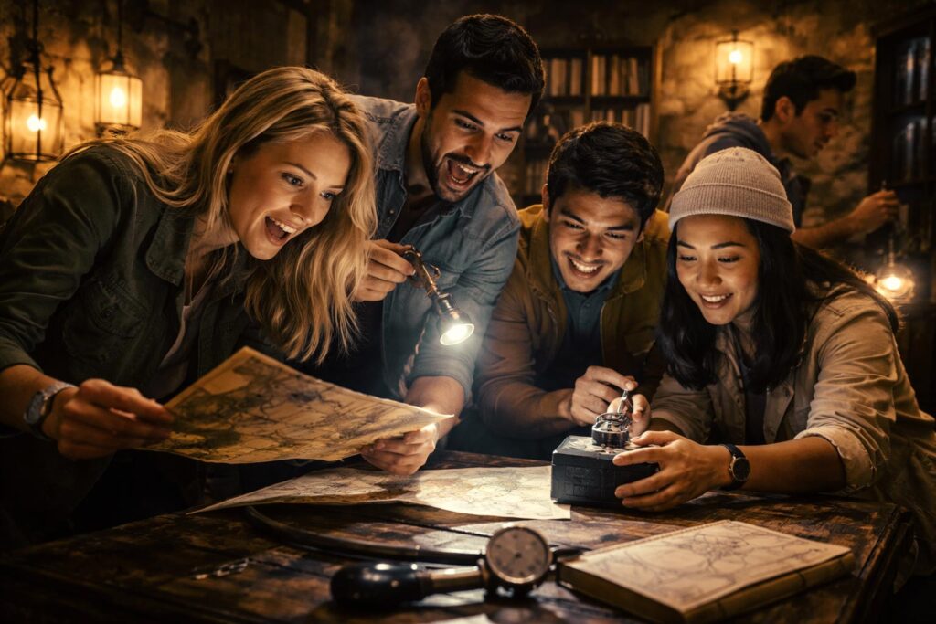 Grupo de personas haciendo actividades de Team Building de Escape Room.