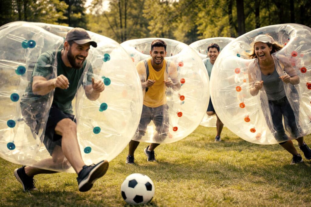 Grupo de personas practicando actividades de Team Building al aire libre y afrontando desafío del fútbol burbuja.