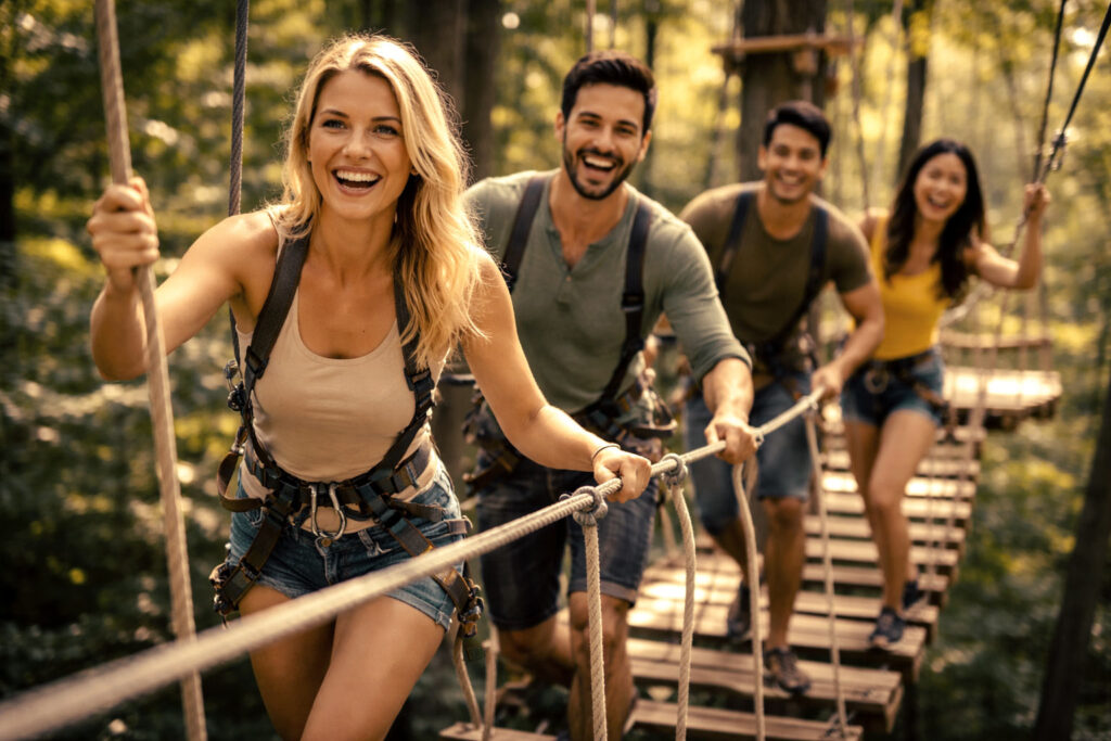 Equipo de personas realizando actividades de team building de multiaventura en árboles.