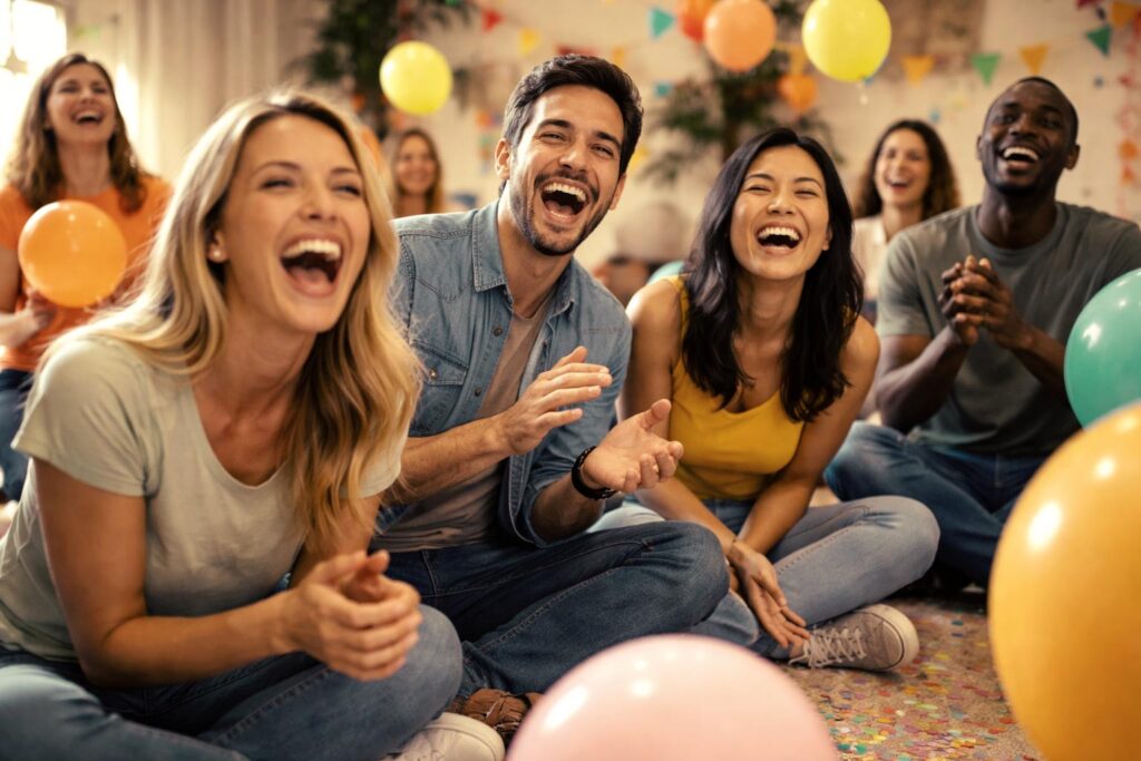 Grupo de personas haciendo actividades de Team Building de risoterapia.