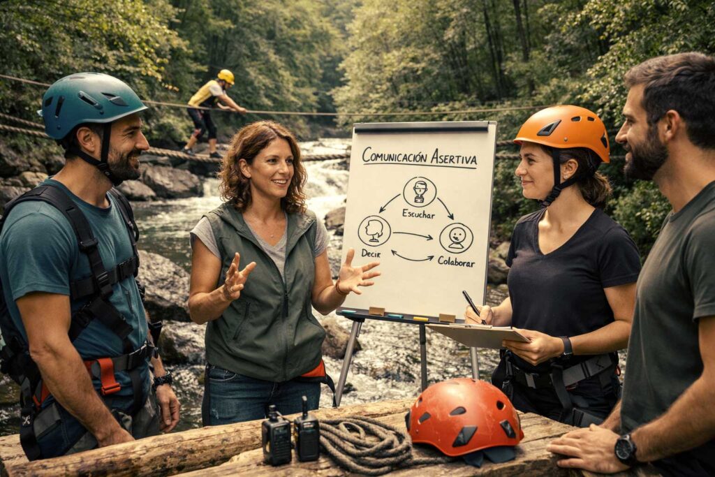 Grupo de personas desarrollando team building al aire libre en programa para desarrollar la comunicación asertiva en naturaleza.