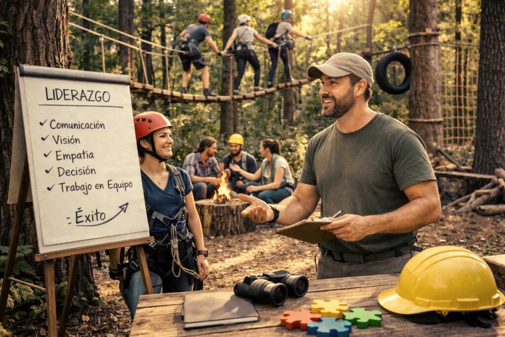 Equipo de trabajado desarrollando en naturaleza un programa de team building sobre el liderazgo y las 10 cualidades del líder más importantes.
