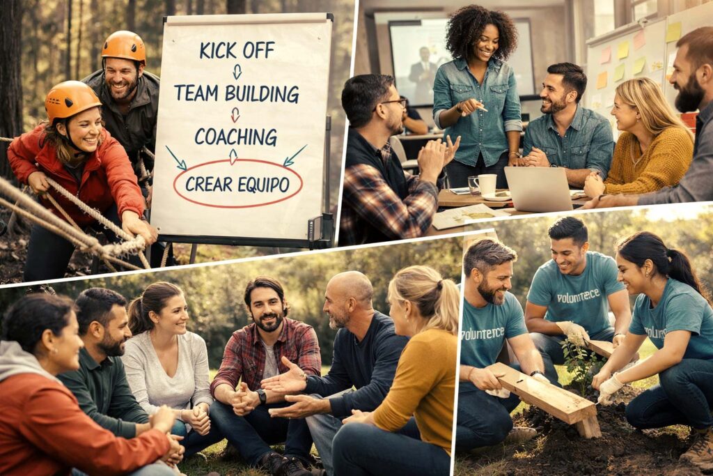 Diversas escenas de equipos de empresa desarrollando actividades de Team Building, Kick off y coaching para crear equipo.