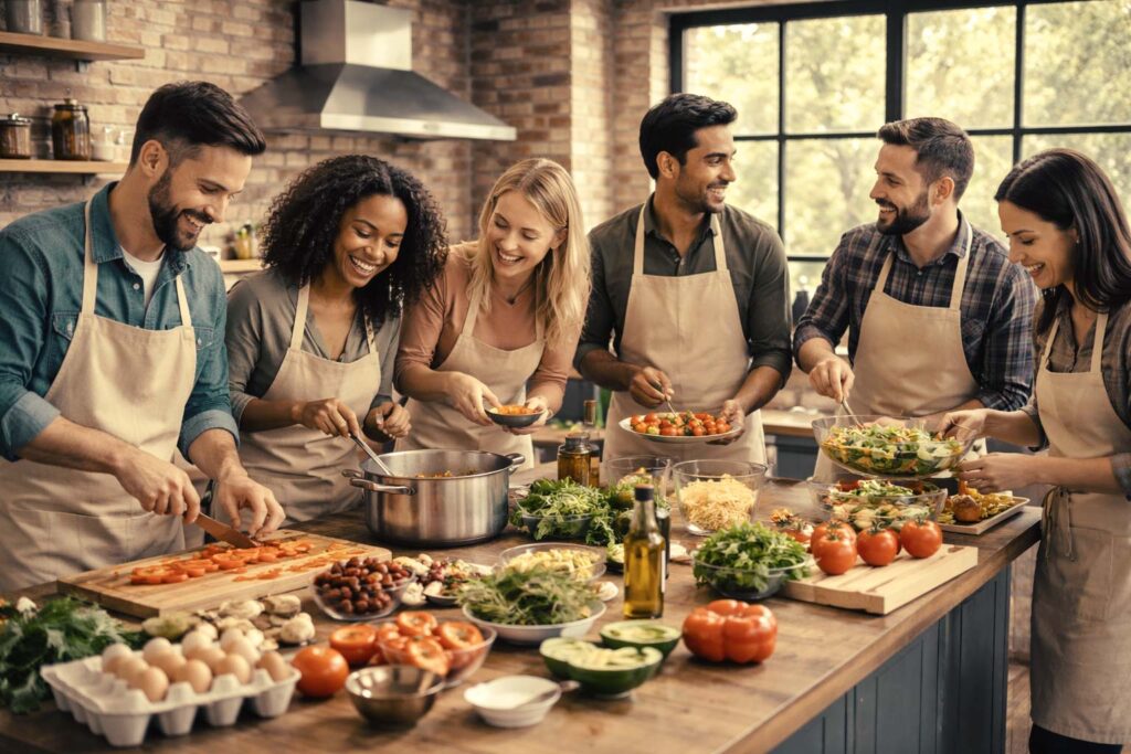 Grupo de personas desarrollando actividad de cooking Team Building para hacer equipo.