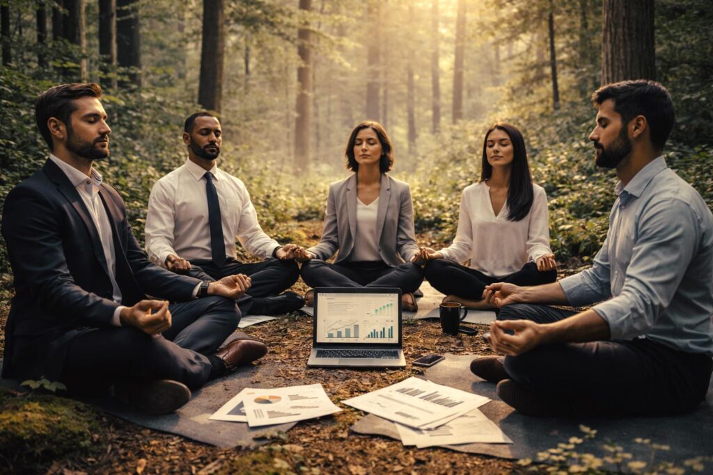 Grupo de personas de un equipo de alto rendimiento realizando la gestión de estrés en un bosque mediante mindfulness.