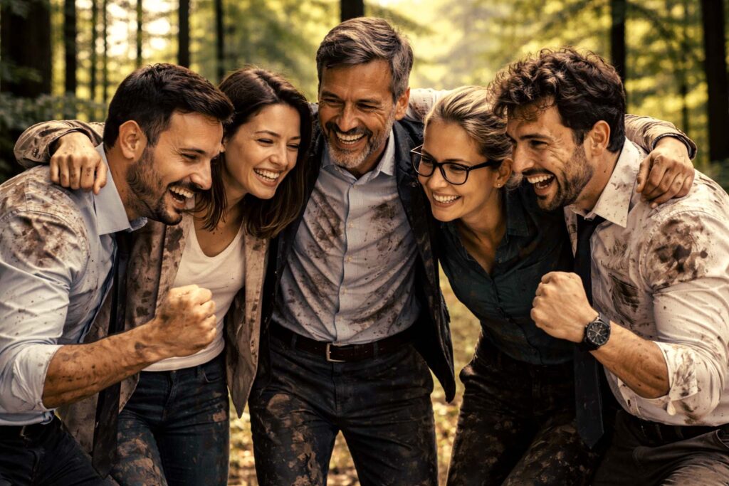 Equipo de personas en oficina mostrando resiliencia ante la dificultad y la adversidad.