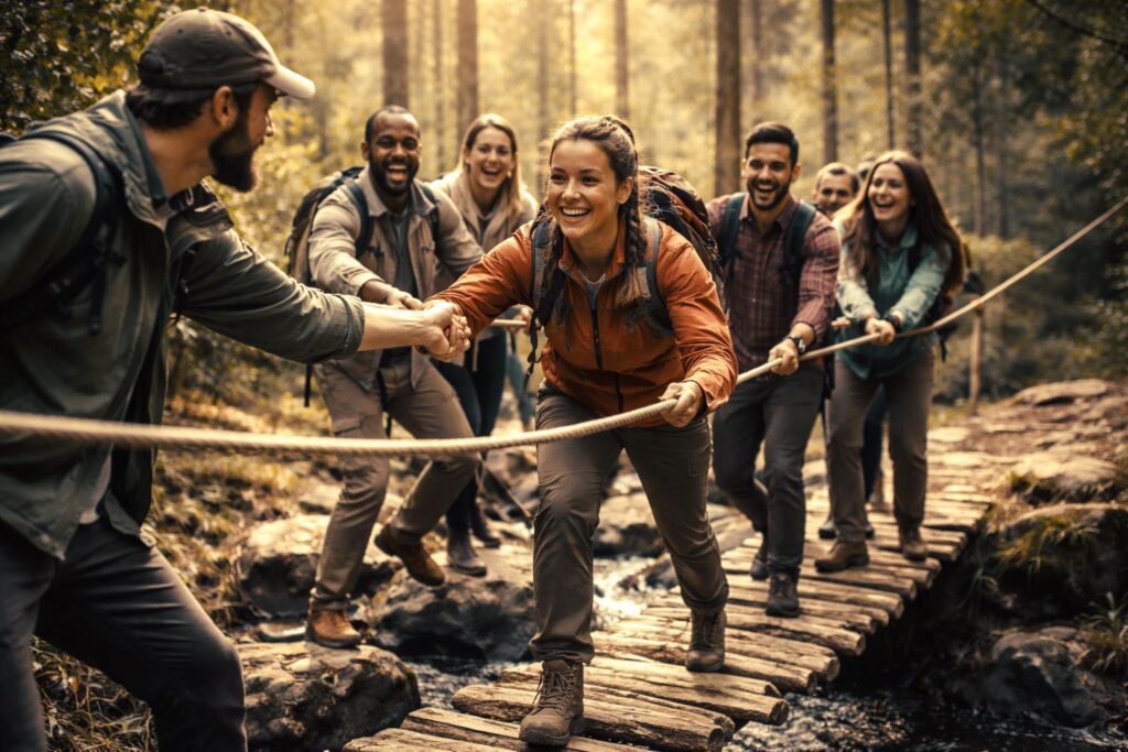Equipo de trabajo desarrollando actividades de team building al aire libre en programa sobre liderazgo y cómo convertirse en un líder transformacional.