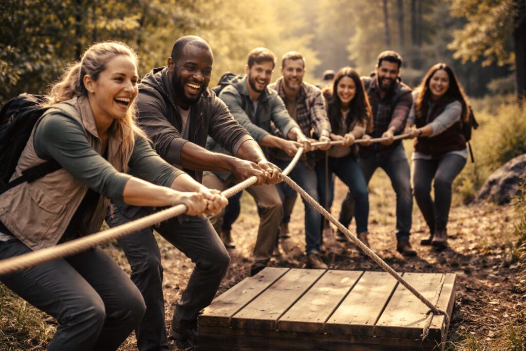 Grupo de personas en programa de team building al aire libre y liderazgo, realizando desafío para convertirse en un líder transformacional.