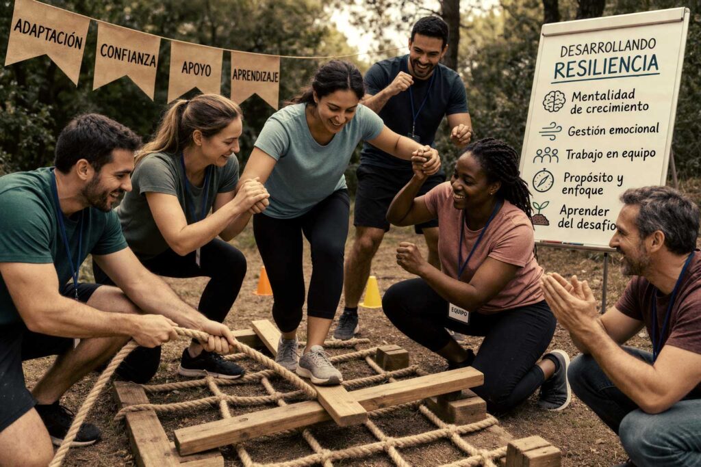 Grupo de personas desarrollando actividades sobre resiliencia y adquiriendo los hábitos clave de las personas resilientes en un team building al aire libre.