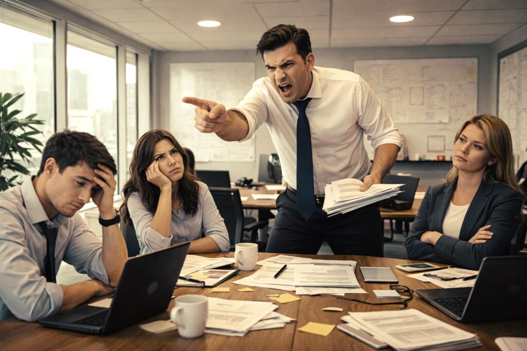 Equipo de personas en reunión con jefe cometiendo los errores en el liderazgo.