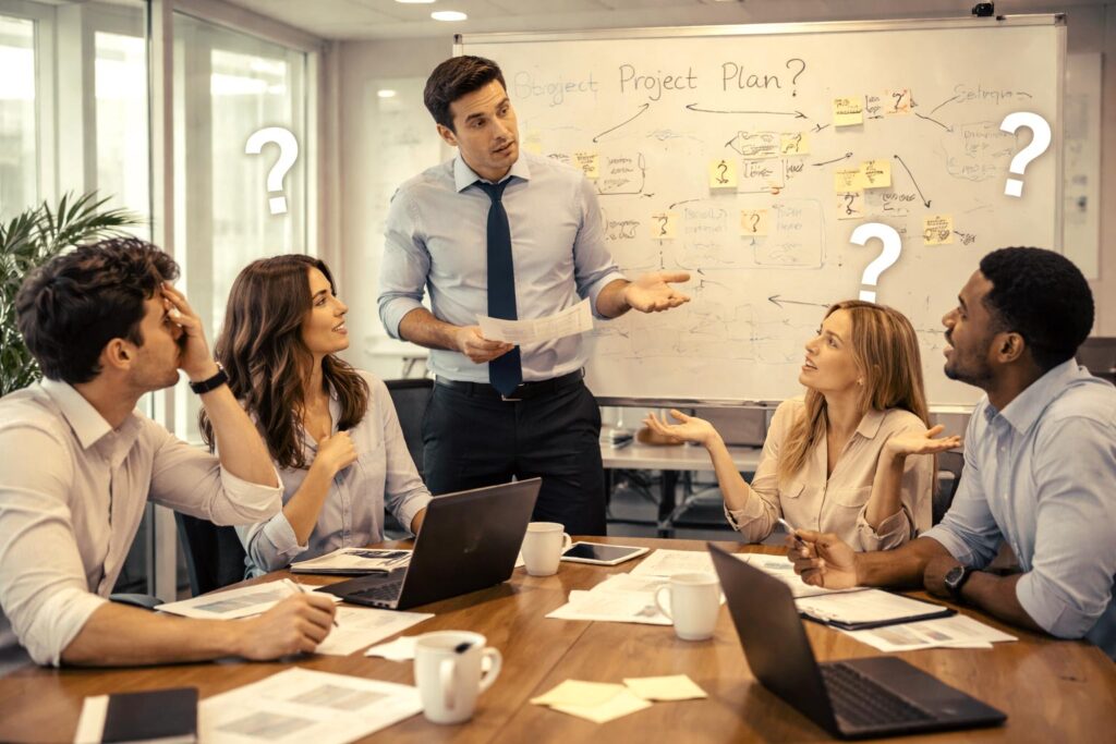 Equipo de personas en oficina mostrando uno de los errores en el liderazgo, que es no comunicar con claridad.