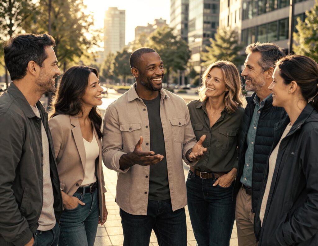 Equipo de personas celebrando reunión informal y exhibiendo inteligencia emocional y liderazgo.