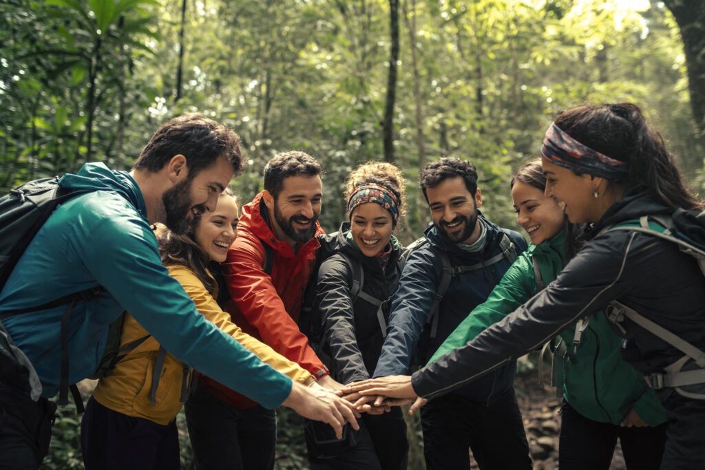 Equipo de personas en programa de alto rendimiento y team building en naturaleza sobre cómo crear equipos de alto rendimiento.