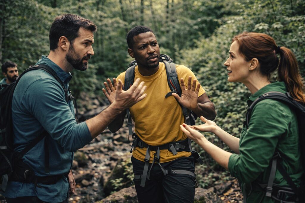 Equipo de trabajo en programa de cómo crear equipos de alto rendimiento en naturaleza, gestionando un conflicto en la ejecución de los desafíos.
