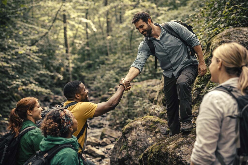 Líder de equipo mostrando habilidades de liderazgo en programa de team building al aire libre sobre cómo crear equipos de alto rendimiento.