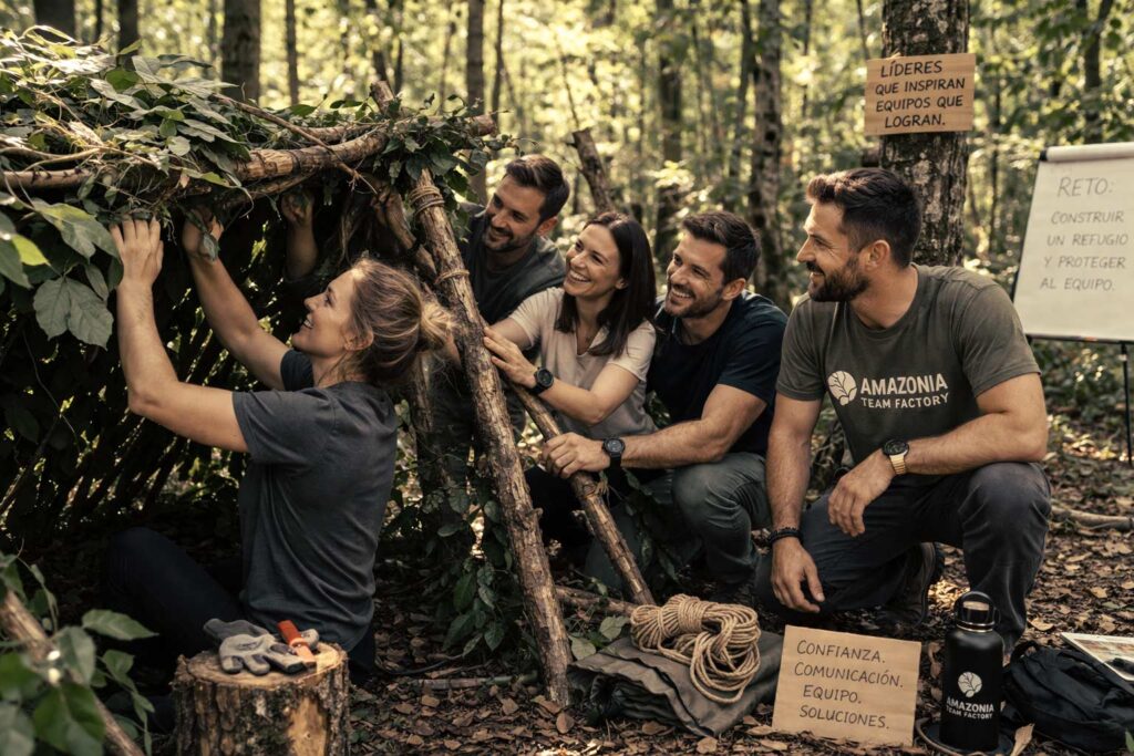 Equipo de personas en programa de coaching empresarial y liderazgo para desarrollar el potencial de tu equipo. Están afrontando desafío de construir un refugio para el equipo.