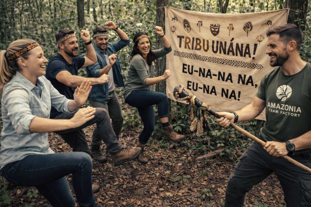 Equipo de trabajo en coaching empresarial para potenciar el desarrollo de tu equipo y el liderazgo. Han creado un himno y una danza para representar a su tribu, guiados por un coacher experto.