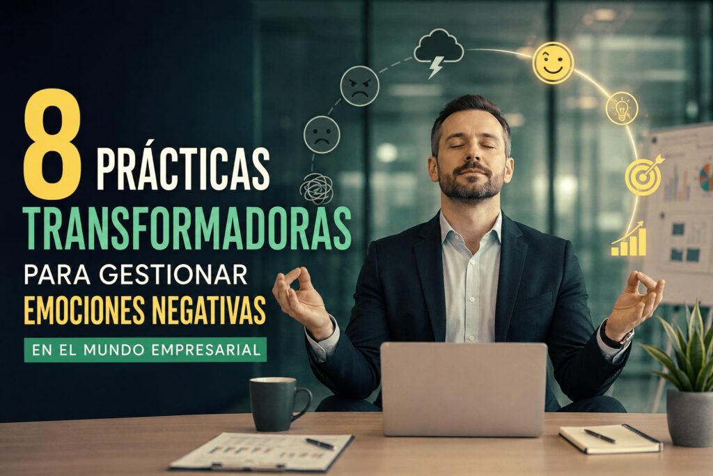Imagen en la que se muestra a una persona en empresa adoptando una postura zen para gestionar emociones negativas.