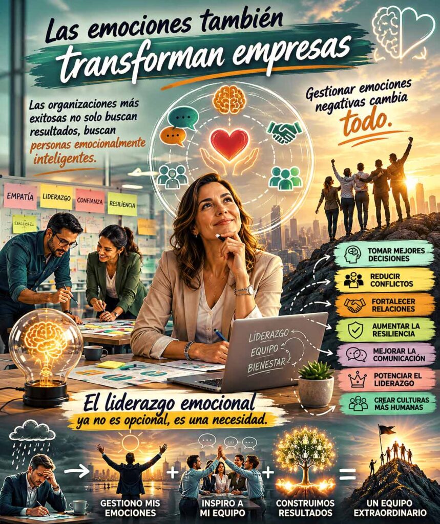 Infografía que muestra que gestionar emociones negativas lo cambia todo, ya que las emociones también transforman empresas. Las compañías de hoy en día buscan personas emocionalmente inteligentes.