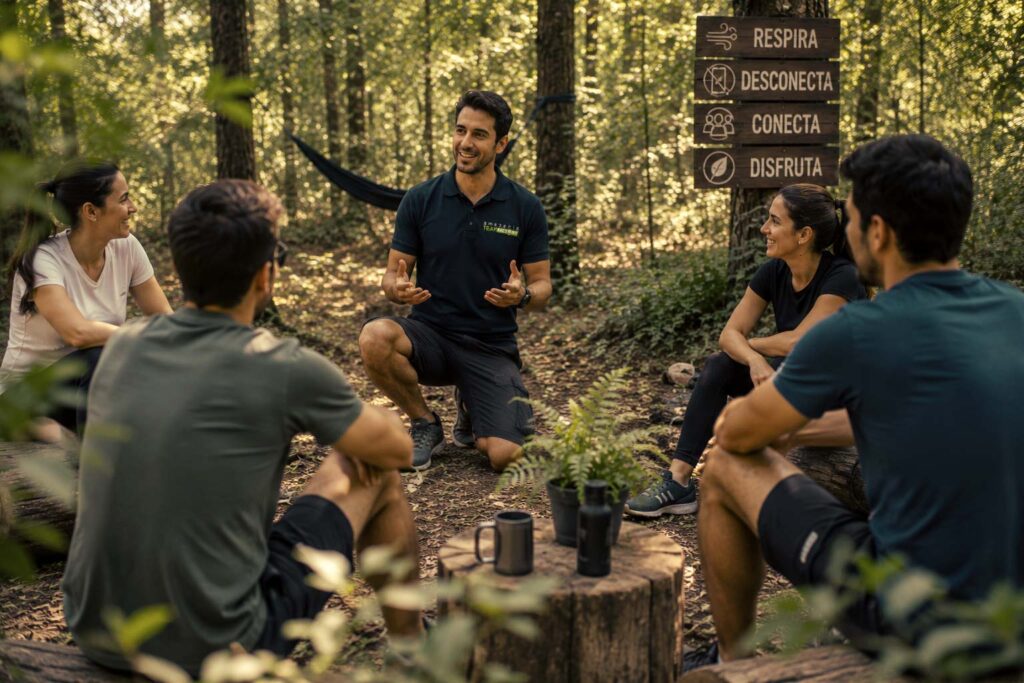 Equipo de personas desarrollando programa de team building para mantener la motivación de tu equipo en Amazonia Team Factory, creando un espacio de descongestión emocional.