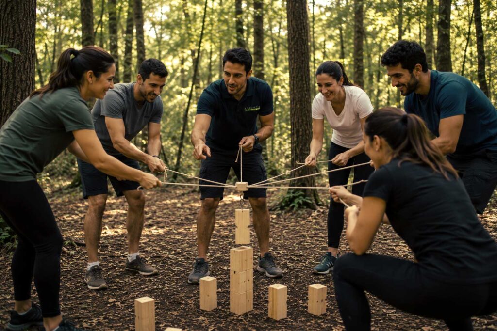 Equipo de personas desarrollando programa de team building para mantener la motivación de tu equipo en Amazonia Team Factory.